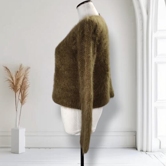 Helmut Lang Angora Wool Knit Sweater Olive Khaki Fuzzy Minimalist Size S - Picture 2 of 10